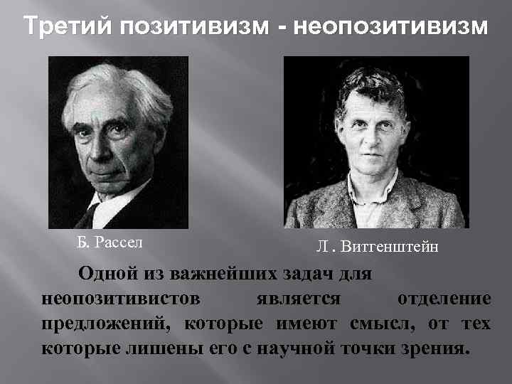 Третий позитивизм - неопозитивизм Б. Рассел Л. Витгенштейн Одной из важнейших задач для неопозитивистов