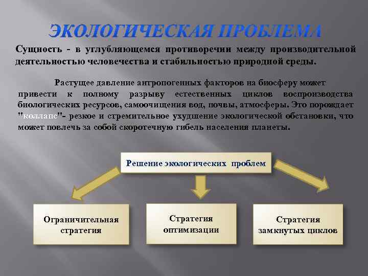 Сущность - в углубляющемся противоречии между производительной деятельностью человечества и стабильностью природной среды. Растущее