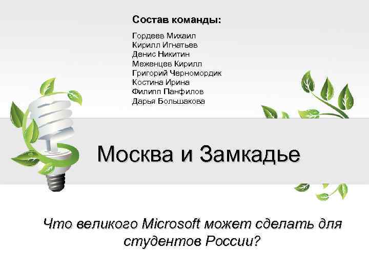 Состав команды: Гордеев Михаил Кирилл Игнатьев Денис Никитин Меженцев Кирилл Григорий Черномордик Костина Ирина