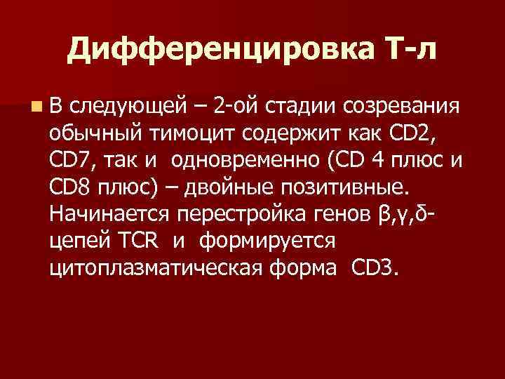 Дифференцировка Т-л n. В следующей – 2 -ой стадии созревания обычный тимоцит содержит как