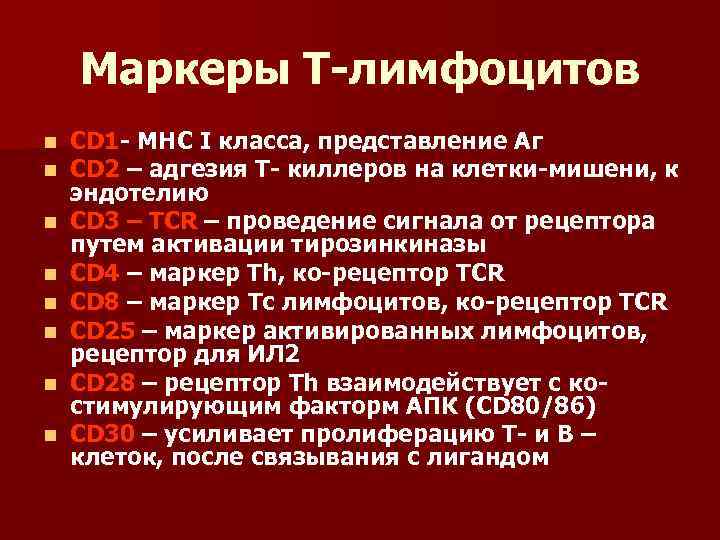 Маркеры Т-лимфоцитов n n n n CD 1 - МНС I класса, представление Аг