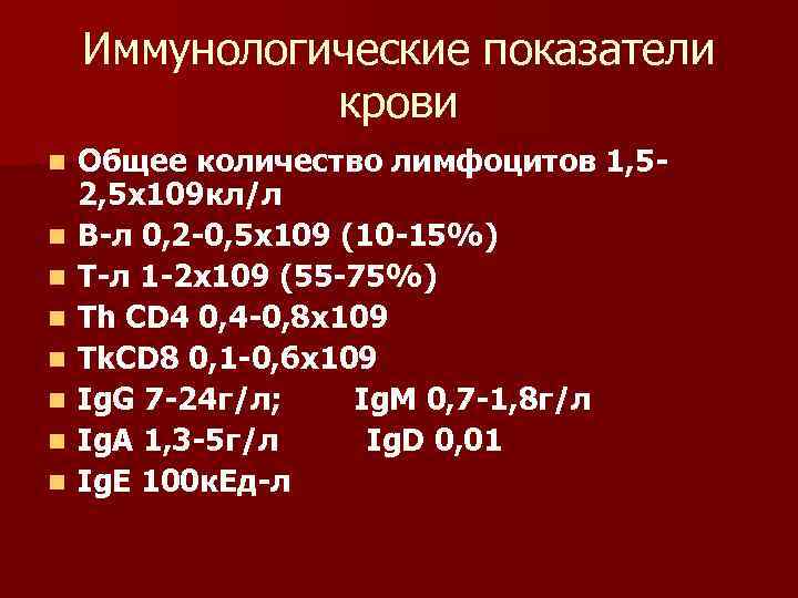 Иммунологические показатели крови n n n n Общее количество лимфоцитов 1, 52, 5 х109