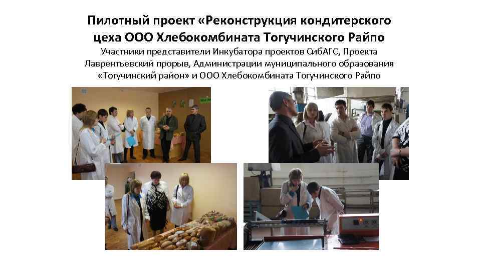 Пилотный проект «Реконструкция кондитерского цеха ООО Хлебокомбината Тогучинского Райпо Участники представители Инкубатора проектов Сиб.