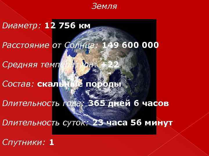 Земля Dиаметр: 12 756 км Расстояние от Солнца: 149 600 000 Средняя температура: +22