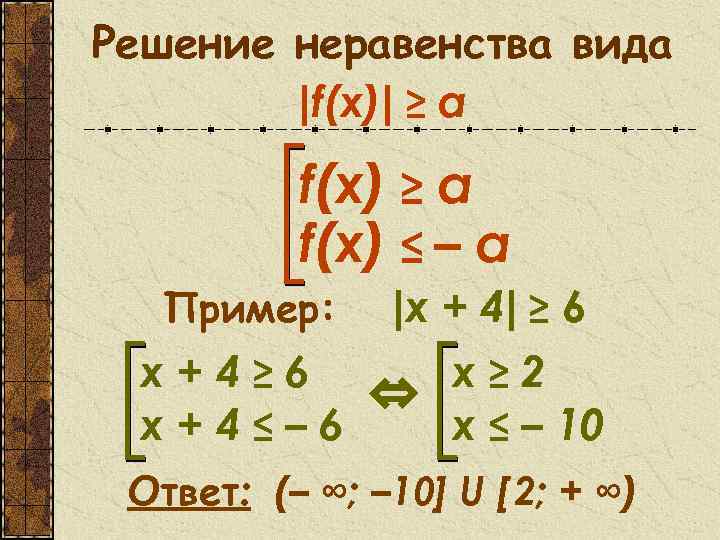 Решение неравенства вида |f(x)| ≥ а f(x) ≤ – а |x + 4| ≥