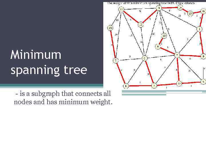 Minimum spanning tree - is a subgraph that connects all nodes and has minimum