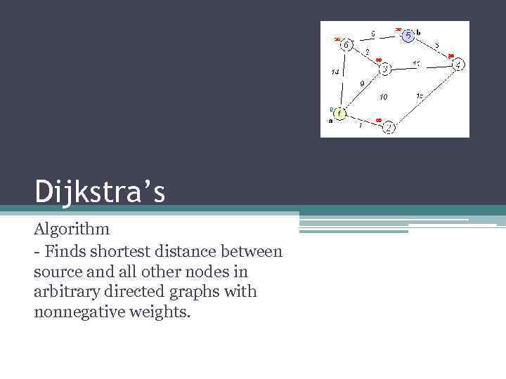 Dijkstra’s Algorithm - Finds shortest distance between source and all other nodes in arbitrary