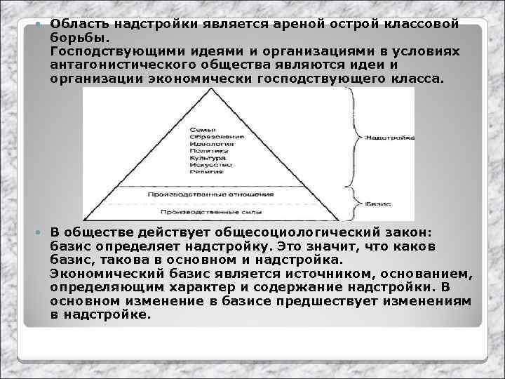  Область надстройки является ареной острой классовой борьбы. Господствующими идеями и организациями в условиях