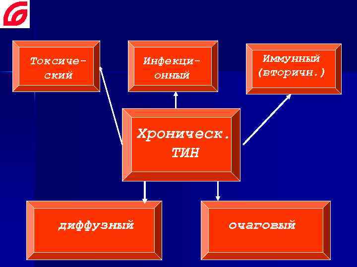 Токсический Иммунный (вторичн. ) Инфекционный Хроническ. ТИН диффузный очаговый 