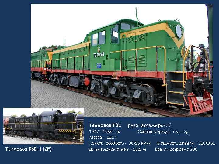 Тепловоз ТЭ 1 грузопассажирский Тепловоз RSD-1 (Да) 1947 - 1950 г. в. Осевая формула