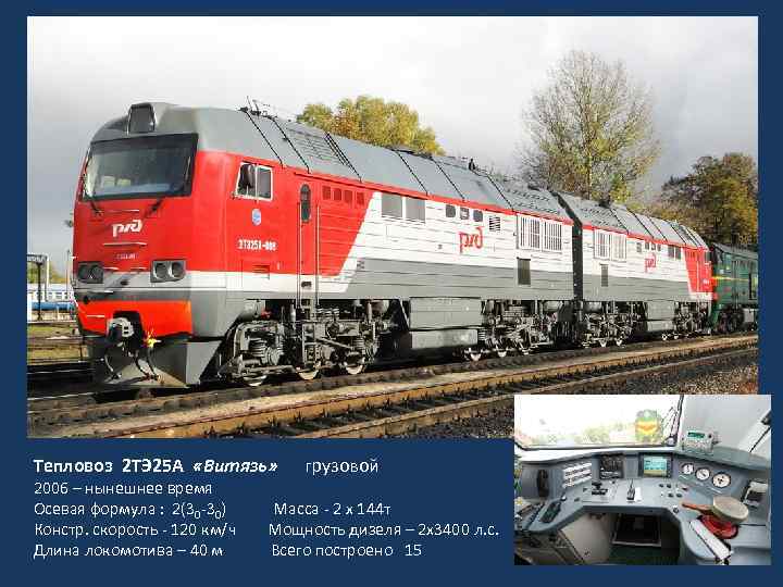 Тепловоз 2 ТЭ 25 А «Витязь» грузовой 2006 – нынешнее время Осевая формула :