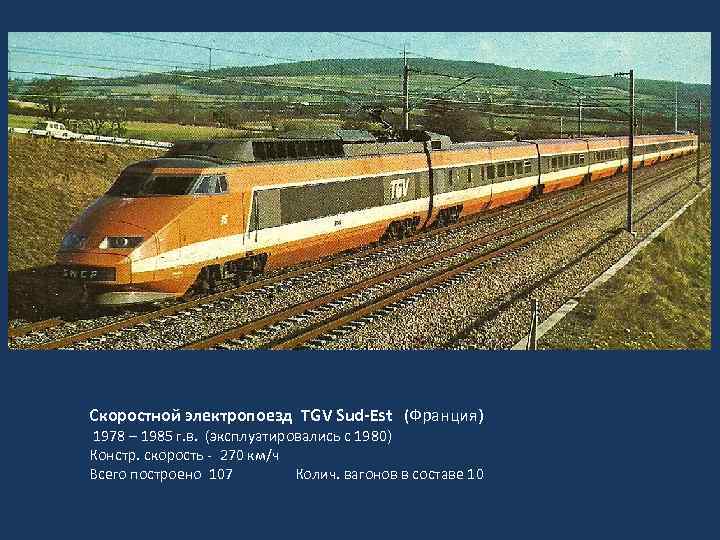 Скоростной электропоезд TGV Sud-Est (Франция) 1978 – 1985 г. в. (эксплуатировались с 1980) Констр.