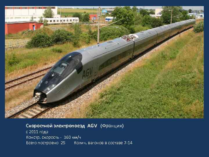 Скоростной электропоезд AGV (Франция) с 2011 года Констр. скорость - 360 км/ч Всего построено