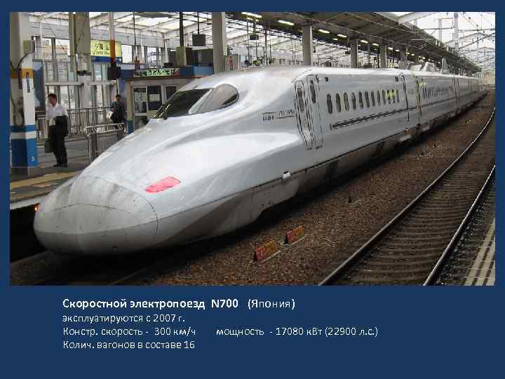 Скоростной электропоезд N 700 (Япония) эксплуатируются с 2007 г. Констр. скорость - 300 км/ч