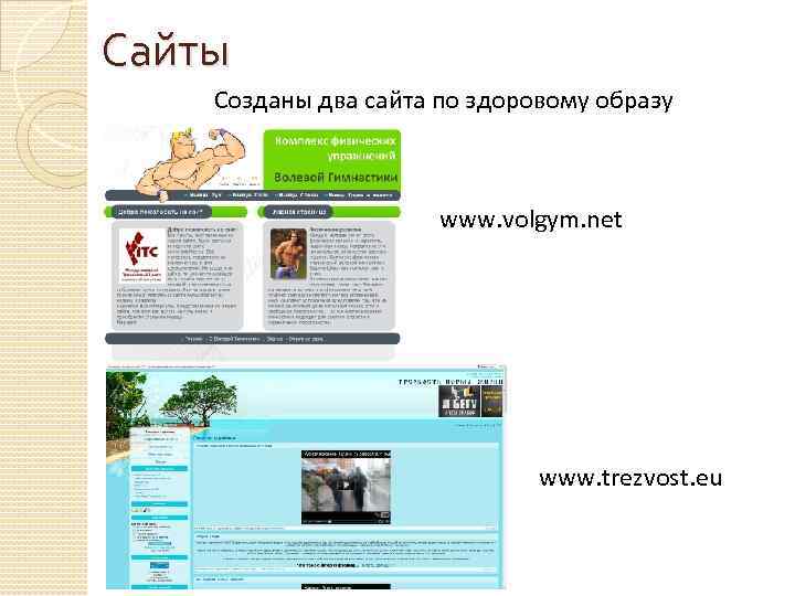 Сайты Созданы два сайта по здоровому образу жизни. www. volgym. net www. trezvost. eu