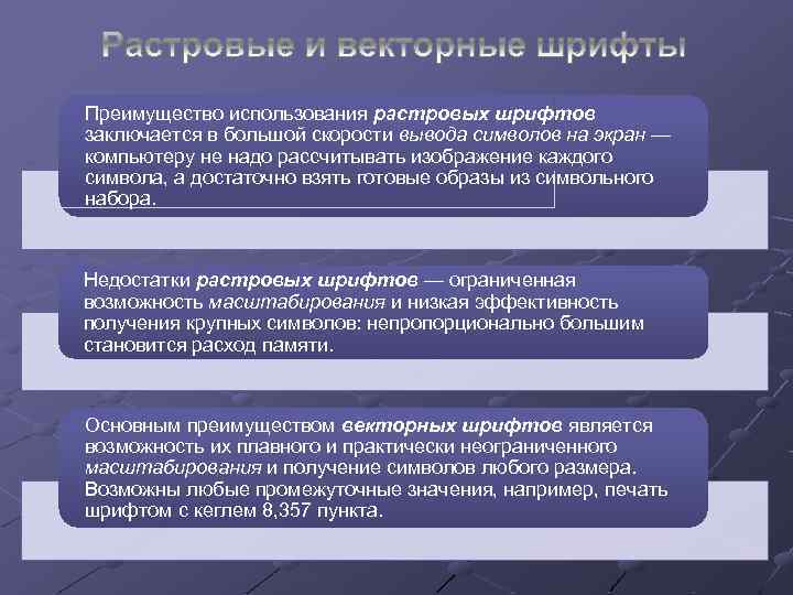 Преимущество использования растровых шрифтов заключается в большой скорости вывода символов на экран — компьютеру