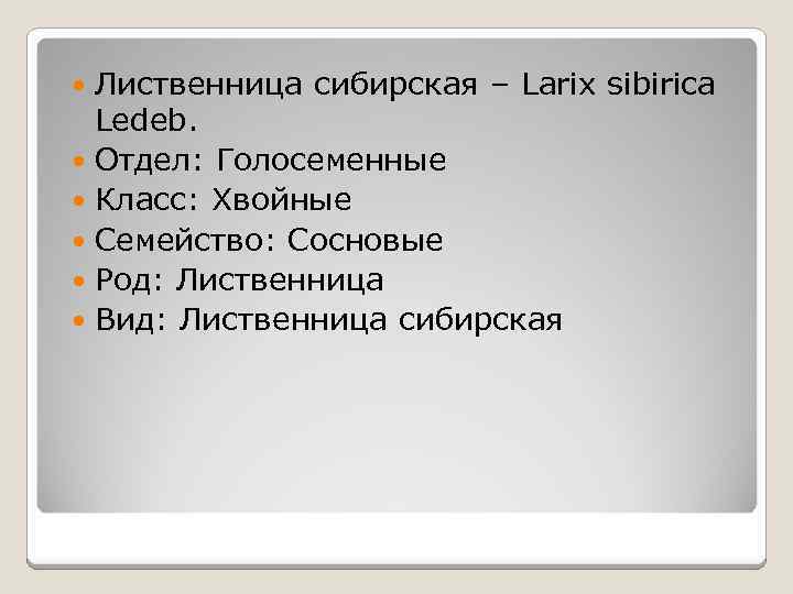Лиственница сибирская – Larix sibirica Ledeb. Отдел: Голосеменные Класс: Хвойные Семейство: Сосновые Род: Лиственница