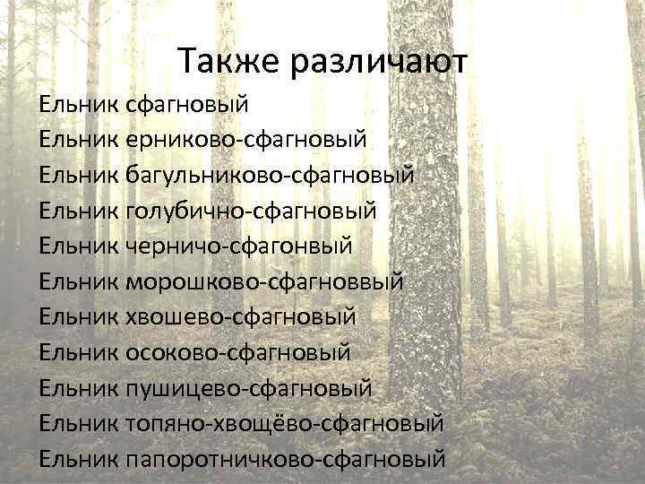Также различают Ельник сфагновый Ельник ерниково-сфагновый Ельник багульниково-сфагновый Ельник голубично-сфагновый Ельник черничо-сфагонвый Ельник морошково-сфагноввый