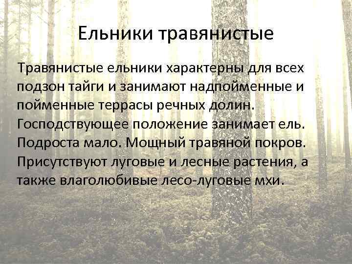 Ельники травянистые Травянистые ельники характерны для всех подзон тайги и занимают надпойменные и пойменные
