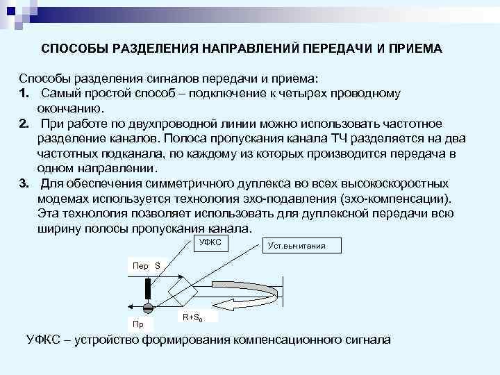СПОСОБЫ РАЗДЕЛЕНИЯ НАПРАВЛЕНИЙ ПЕРЕДАЧИ И ПРИЕМА Способы разделения сигналов передачи и приема: 1. Самый