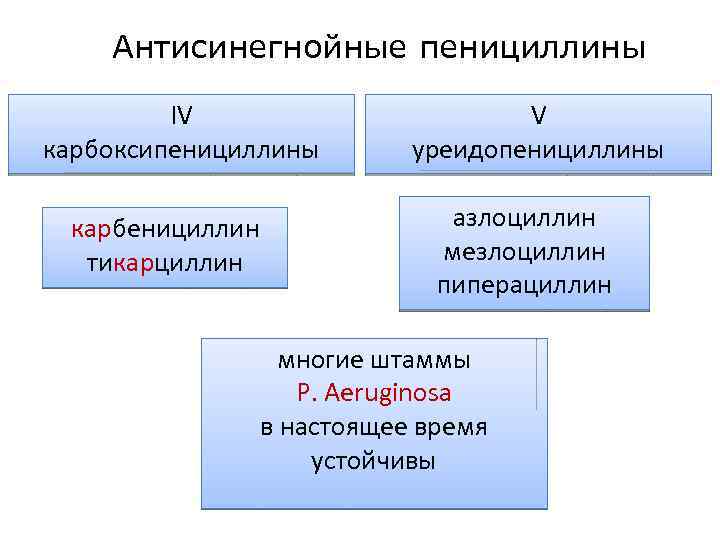 Антисинегнойные пенициллины IV карбоксипенициллины карбенициллин тикарциллин V уреидопенициллины азлоциллин мезлоциллин пиперациллин многие штаммы P.