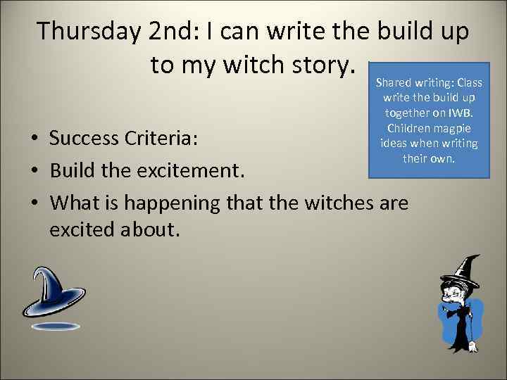 Thursday 2 nd: I can write the build up to my witch story. Shared