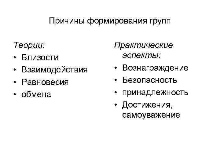 Причины формирования групп Теории: • Близости • Взаимодействия • Равновесия • обмена Практические аспекты:
