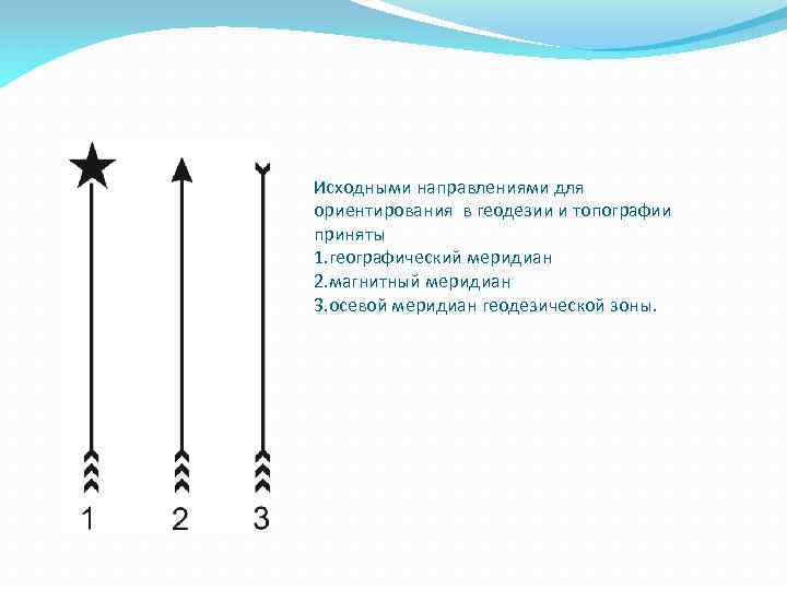Исходными направлениями для ориентирования в геодезии и топографии приняты 1. географический меридиан 2. магнитный