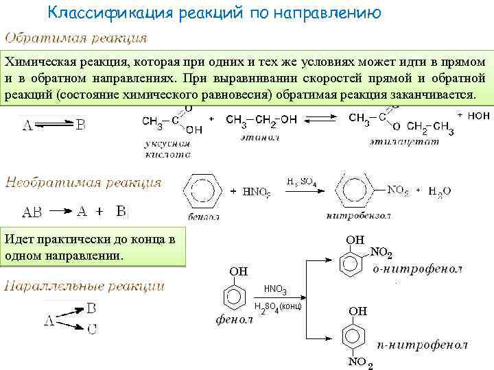 Классификация реакций по направлению Химическая реакция, которая при одних и тех же условиях может