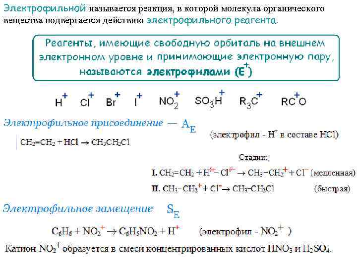 Электрофильной называется реакция, в которой молекула органического вещества подвергается действию электрофильного реагента. 