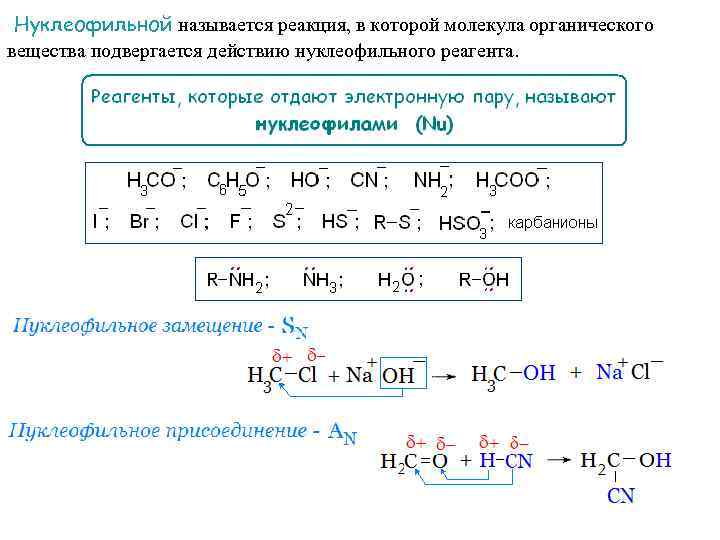 Нуклеофильной называется реакция, в которой молекула органического вещества подвергается действию нуклеофильного реагента. 