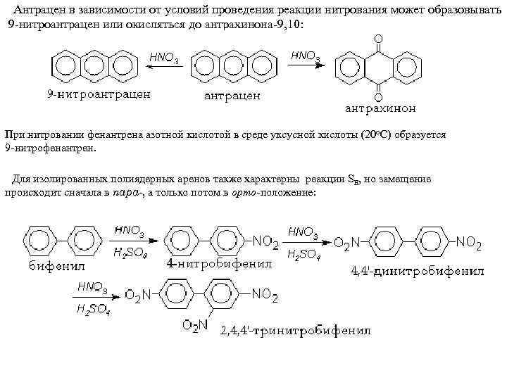 Антрацен в зависимости от условий проведения реакции нитрования может образовывать 9 -нитроантрацен или окисляться