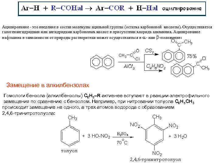 Ацилирование - это введение в состав молекулы ацильной группы (остатка карбоновой кислоты). Осуществляется галогенангидридами