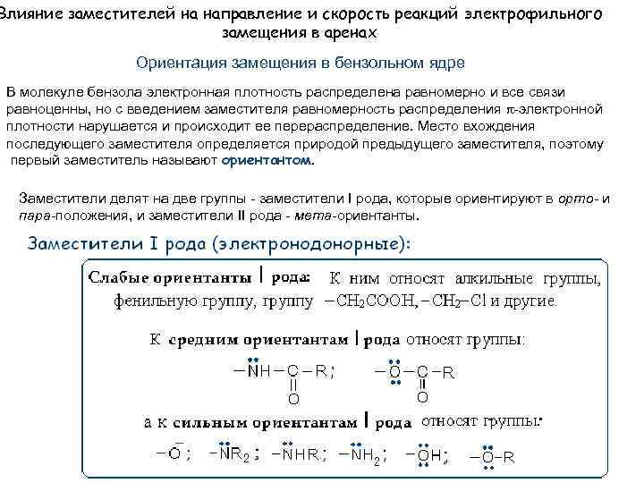 Влияние заместителей на направление и скорость реакций электрофильного замещения в аренах Ориентация замещения в