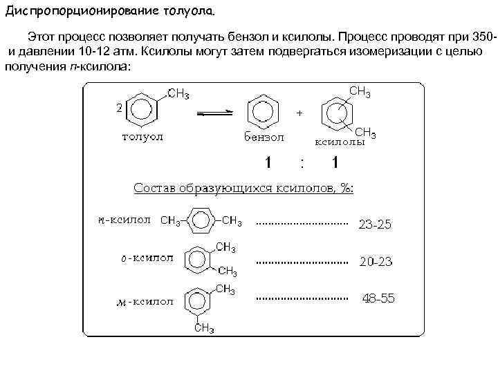 Диспропорционирование толуола. Этот процесс позволяет получать бензол и ксилолы. Процесс проводят при 350 -5