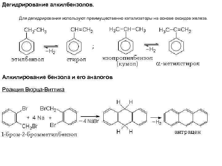 Дегидрирование алкилбензолов. Для дегидрирования используют преимущественно катализаторы на основе оксидов железа. Алкилирование бензола и