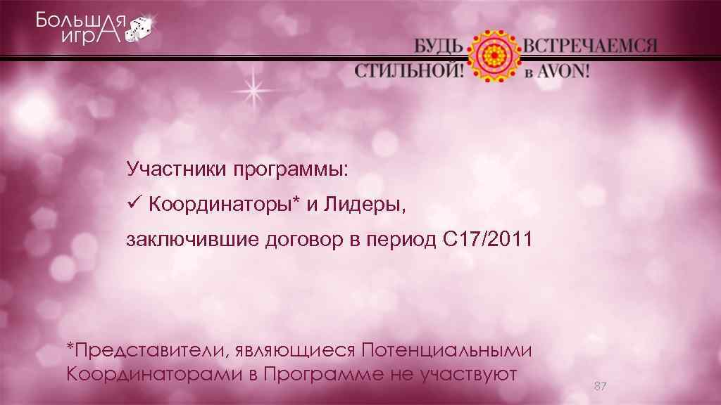 Участники программы: ü Координаторы* и Лидеры, заключившие договор в период С 17/2011 *Представители, являющиеся