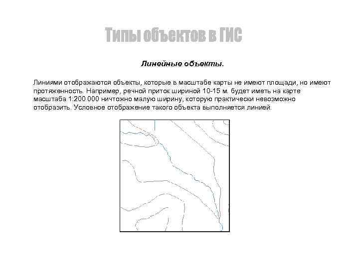 Линейные объекты. Линиями отображаются объекты, которые в масштабе карты не имеют площади, но имеют
