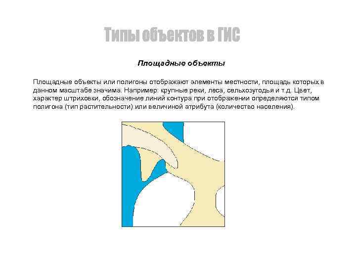 Площадные объекты или полигоны отображают элементы местности, площадь которых в данном масштабе значима. Например: