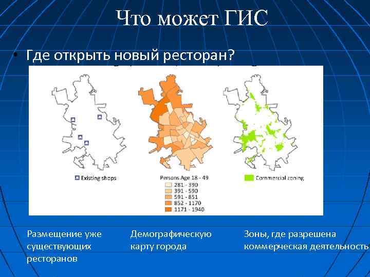 Что может ГИС • Где открыть новый ресторан? Размещение уже существующих ресторанов Демографическую карту