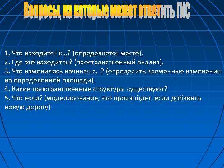 1. Что находится в…? (определяется место). 2. Где это находится? (пространственный анализ). 3. Что