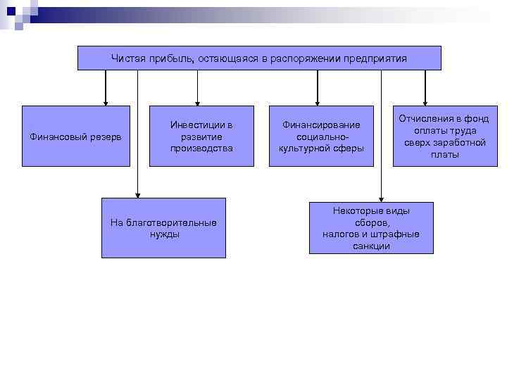Чистая прибыль, остающаяся в распоряжении предприятия Финансовый резерв Инвестиции в развитие производства На благотворительные
