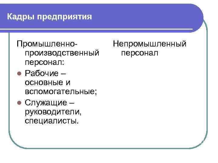 Кадры предприятия Промышленно производственный персонал: l Рабочие – основные и вспомогательные; l Служащие –