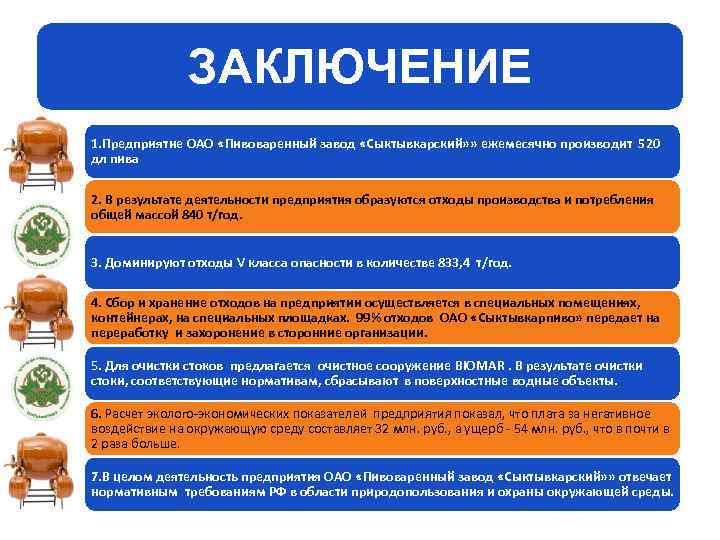 ЗАКЛЮЧЕНИЕ 1. Предприятие ОАО «Пивоваренный завод «Сыктывкарский» » ежемесячно производит 520 дл пива 2.