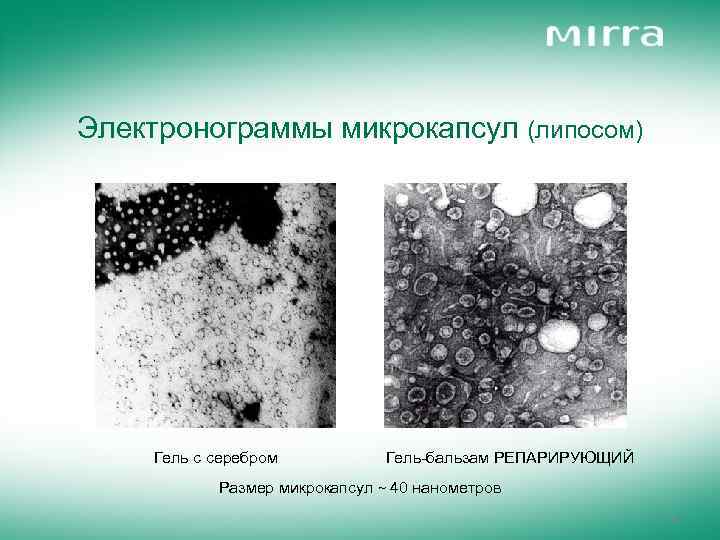Электронограммы микрокапсул (липосом) Гель с серебром Гель-бальзам РЕПАРИРУЮЩИЙ Размер микрокапсул ~ 40 нанометров 21
