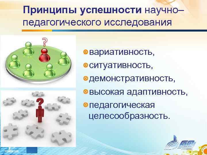 Принципы успешности научно– педагогического исследования вариативность, ситуативность, демонстративность, высокая адаптивность, педагогическая целесообразность. 