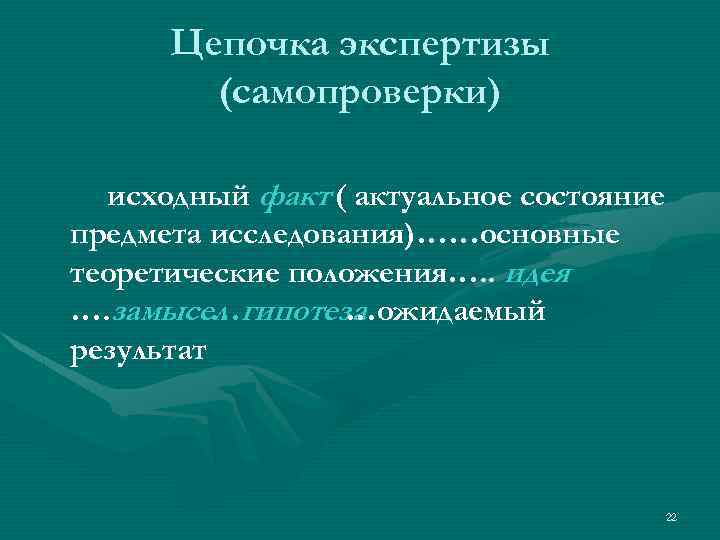 Цепочка экспертизы (самопроверки) исходный факт ( актуальное состояние предмета исследования)……основные теоретические положения…. . идея