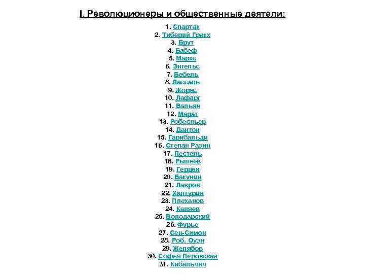 I. Революционеры и общественные деятели: 1. Спартак 2. Тиберий Гракх 3. Брут 4. Бабеф