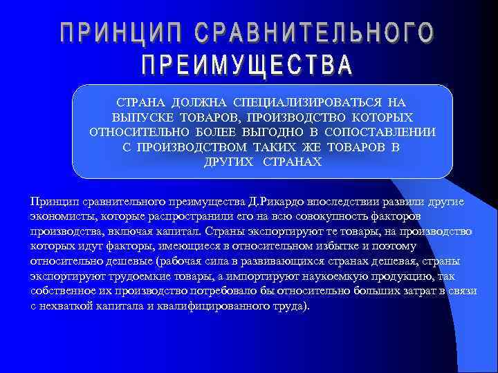 СТРАНА ДОЛЖНА СПЕЦИАЛИЗИРОВАТЬСЯ НА ВЫПУСКЕ ТОВАРОВ, ПРОИЗВОДСТВО КОТОРЫХ ОТНОСИТЕЛЬНО БОЛЕЕ ВЫГОДНО В СОПОСТАВЛЕНИИ С