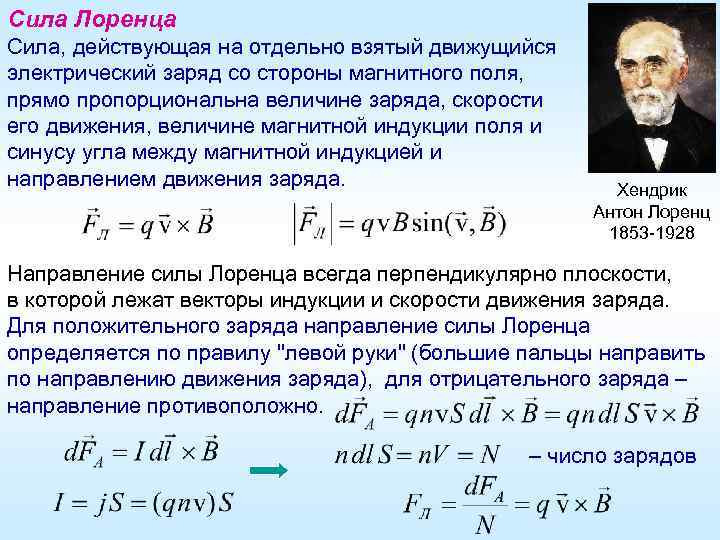 Сила Лоренца Сила, действующая на отдельно взятый движущийся электрический заряд со стороны магнитного поля,